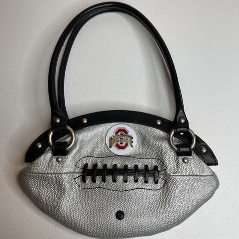 Ohio State Buckeyes Red 24 Football Shaped Silver Leather Purse. Magnetic Close Cover