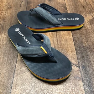 Tory Burch 70s Style Platform Flip Flops Sandals Sz 10M Black Suede Rainbow MINT - Picture 1 of 10