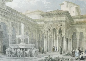 Court Of The Lions Alhambra Print After David Roberts - Picture 1 of 6