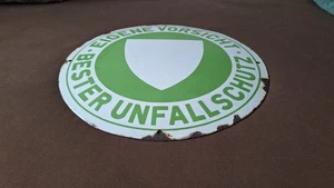 Altes Emailschild, Eigene Vorsicht Bester Unfallschutz Heene Schild gewölbt 1938 - Bild 1 von 3