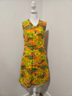 VINTAGE 70s HANDMADE YELLOW/GREEN/ORANGE HAWAIIAN ISLAND PRINT SHIFT DRESS - Image 1 of 4