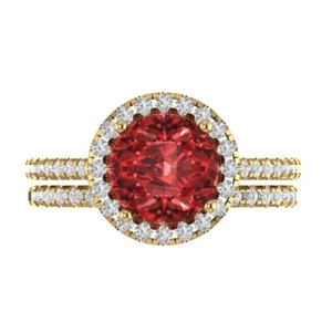 2,7 Rundschliff Heiligenschein Pavé Echt Rot Granat Versprechen Braut Band Set 14k Gelbgold - Bild 1 von 5