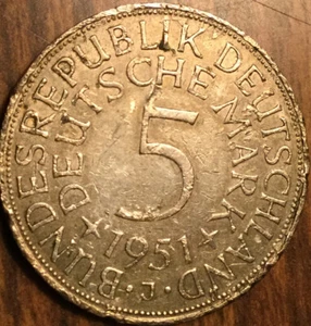 1951 GERMANY SILVER 5 MARK COIN - Picture 1 of 2
