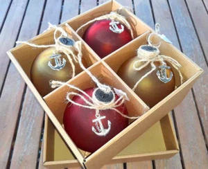 Lot 4 Round Glass Ornaments w/ Silver Anchor Charm Nautical Twine 4" New Dillard - Picture 1 of 6