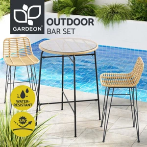 Gardeon 3 PCS Outdoor Bar Set Wicker Dining Bistro Patio Table Chairs Set Steel - Picture 1 of 11