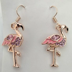 Pink Flamingo Earrings Rhinestone Enamel Hook Drop Dangle Tropical Beachy USA - Picture 1 of 4