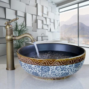 Badezimmer Runde Keramik Spüle Waschbecken mit Antik Messing Wasserhahn Wasserhähne Deck montiert - Bild 1 von 7