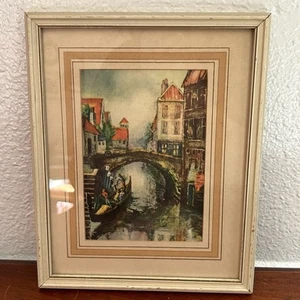 Vintage Framed European Canal Art Print Distressed Wood Italian Landscape 10 x 8 - Picture 1 of 7