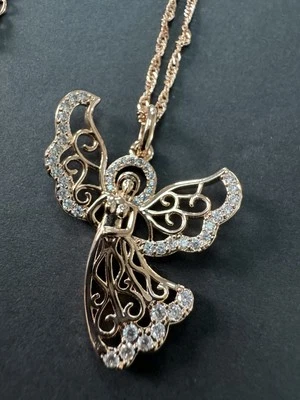 "Colgante de filigrana ángel de oro rosa estampado 585 14K RG cadena de broche de collar de 19""" Foto 1 de 4