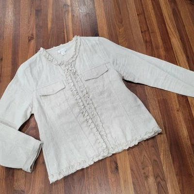 Christopher & Banks Linen Open Front Ruffled Front And Neckline Size Medium - Image 1 of 4