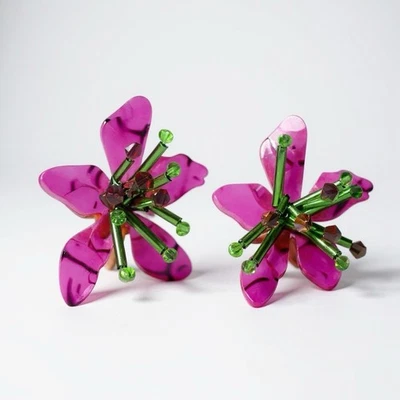 Pendientes Flor Cuentas Zara Plata Rosa Tachuela Declaración Púrpura Exagerado Grande Foto 1 de 4