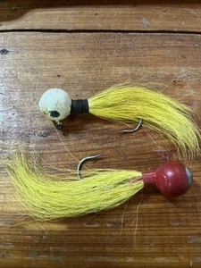 Two Vintage Large 1 OZ Lead Head 4" Red /Yellow And White/Yellow Hair Jig - Picture 1 of 11