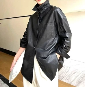 NUEVA Chaqueta Camisa Mujer Cuero Negra 100% Piel de Cordero Gran Tamaño Calce Relajado XS- - Imagen 1 de 6