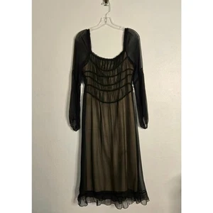 Black Silk Sheer Smocked Long Sleeve Midi Dress Size 6 Whimsigoth Witchy Y2k - Picture 1 of 13