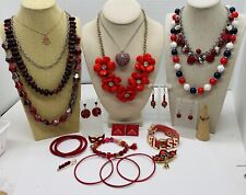 18 PC Vintage to New Jewelry Lot RED THEME Bracelets Necklaces Earrings J-901