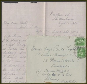 NEW ZEALAND 1923 KGV ½d. GREEN (x2) ON COVER TO AUSTRALIA (ID:40/D44877) - Picture 1 of 1