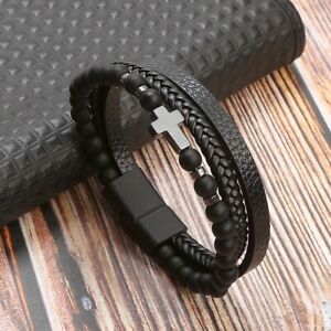 Natural Obsidian Stone Bracelet Cross Charm Men's Leather Braided Cuff Bracelet