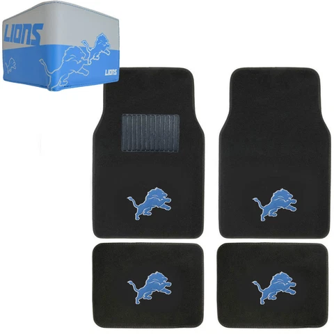 NFL Detroit Lions Car Truck Carpet Floor Mats & Synthetic Leather Wallet Set Cover