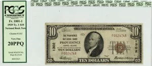 1929 TY1 $10 Providence National Bank Rhode Island CH#1302 PCGS VF20 PPQ - Picture 1 of 2
