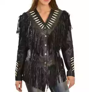Women Native American Western Cowboy Real Leather Jacket Contrast Fringe & Bead - Picture 1 of 4