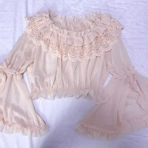 Damen Lolita Spitzenbluse Chiffon Schulterfrei Rüschen Rüschen Plissee Retro Cropped - Bild 1 von 11