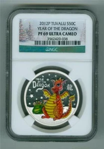 TUVALU 2012-P 50 CENTS YEAR OF THE DRAGON COLORIZED 1/2 OZ .999 SILVER NGC PF-69 - Picture 1 of 2