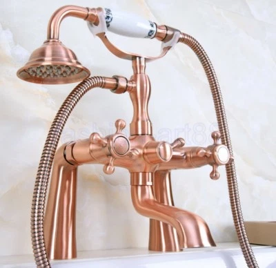 DLL Antique Red Copper Deck Mount ClawFoot Bath Tub Faucet With Hand Shower fna161