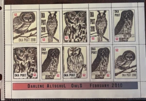DKA Post Art as Stamps 2010 sheet of 10 Owls - Picture 1 of 1