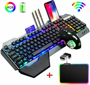 Rechargeable 2.4G Wireless Gaming Keyboard Mouse RGB Mice pad Combo RGB Backlit - Picture 1 of 33