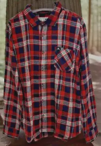 Mens Flannel Plaid Shirt Button Up Red Black Plaid Long Sleeve Cotton Size L - Picture 1 of 7