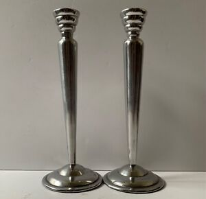 VINTAGE PAIR TALL SILVER METAL CANDLESTICKS ART DECO STYLE STEPPED CANDLE HOLDER