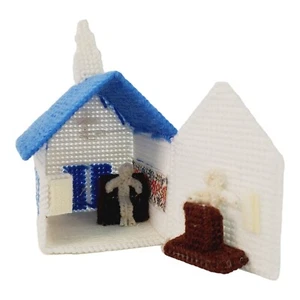 Kunststoff Leinwand blau und weiß scharniert Mini-Kirche mit Altar Kirchenbank Menschen 4,5" - Bild 1 von 12