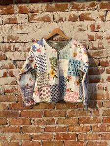 White Quilted Cotton Patchwork Jacket Handmade Cotton Jacket Women's Clothing US - Picture 1 of 6