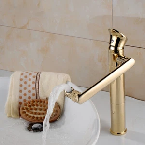 Grifo mezclador de un solo orificio para montaje en cubierta grifo lavabo baño pulido dorado giratorio 360° - Imagen 1 de 4