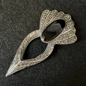 Vintage Art Deco Sterlingsilber Markasit Onyx Statement Brosche Anstecknadel 2,75" 21 g - Bild 1 von 10