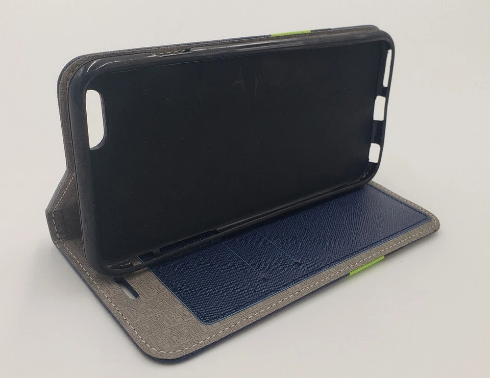 Funda tipo billetera abatible de 3 tonos GSA para iPhone 6 Plus, 6S Plus - azul/verde neón/negro Foto 1 de 3