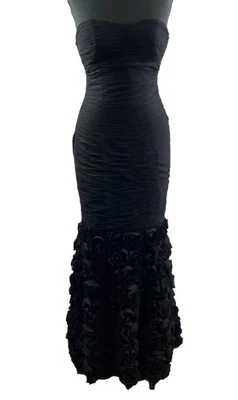 JS Collections 黑色无肩带晚礼服 Rosette Sweetheart 后拉链 6 码 — 第 1/4 张图片