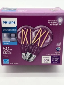 2pk Philips 60W LED Light Bulb Daylight Filament A19 Dimmable Clear Glass Edison - Picture 1 of 2