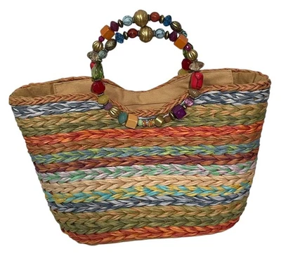 Bolso de Mano Cappelli Straworld Arco Iris Tejido a Rayas Cartera Bolso con Cuentas Mango Joya Foto 1 de 4