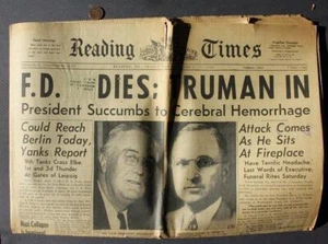 1945 Lesen Pennsylvania Tod von Franklin D. Roosevelt 3 Zeitungsset Truman-- - Bild 1 von 1