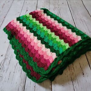 Vintage Crochet Afghan Blanket Summer Watermelon Bedding Zig Zag Throw Lap Retro