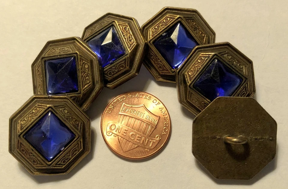6 Octagonal Antiqued Brass Tone Metal Shank Buttons 13/16" 20.5mm Blue Cab 9601 - Image 1 of 1