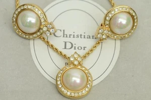 Authentic Dior Pearl Necklace Earring Set Vintage GP Rhinestone Jewelry with Box - Picture 1 of 12