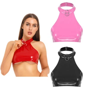 Prenda para mujer Halter de cuero recortada sin mangas cuello en O ceñido al cuerpo brillante látex líquido - Imagen 1 de 37