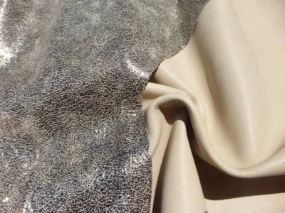 Goatskin leather Double Sided hide Metallic Black Crackle Finish on Vanilla - Image 1 of 4