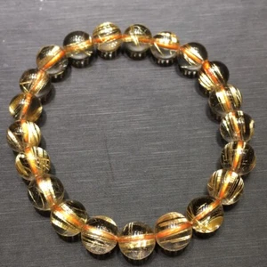 Natural Gold Hair Rutilated Quartz Crystal Round Beads Bracelet Healing 9mm - Picture 1 of 6
