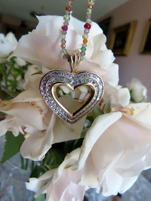 Solid 10K Yellow Gold Big Heart Diamonds Pendant +Natural Gemstones Necklace 14K - Image 1 of 4