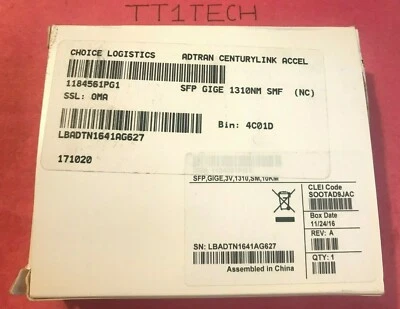 NEW 1.25Gb ADTRAN 1184561PG1 1000base-LX 1310nm SMF 10km SFP Transceiver  - Image 1 of 3