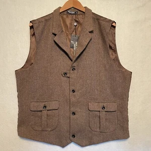 Paul Jones Brown Wool Blend Tweed Vest Herringbone Pockets Mens XL NWT - Picture 1 of 9