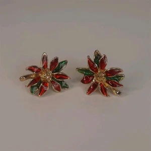 Ponsietta Earrings Red Green Enamel Made In Thailand Christmas Jewelry Vintage.  - Picture 1 of 4